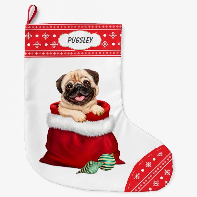 Snowflake Border Pug Gift Surprise Large Christmas Stocking (Front)