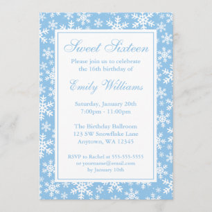 Snowflake Border Winter Wonderland Sweet 16 Blue Invitation