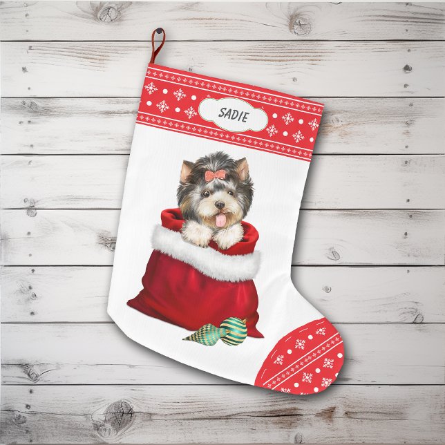 Snowflake Border Yorkie Gift Surprise Large Christmas Stocking (Creator Uploaded)