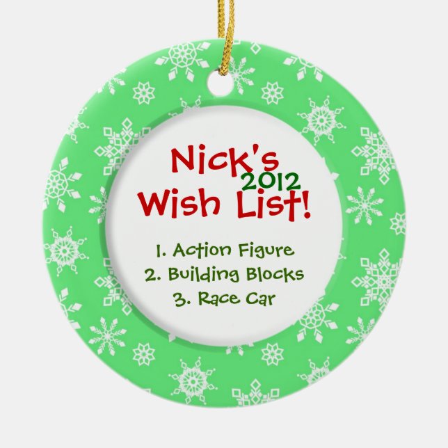 Snowflake Child's Wish List Ceramic Tree Decoration (Front)
