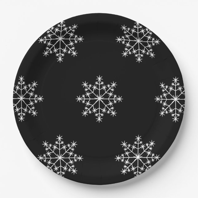 Snowflake Christmas Black White Design Holiday Paper Plate (Front)