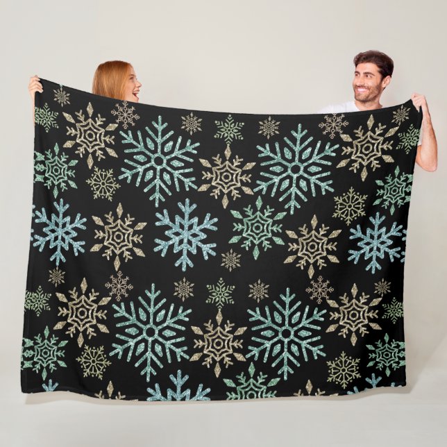Snowflake Christmas Green Gold Fleece Blanket (In Situ)