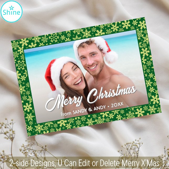 Snowflake Christmas Photo 2 Side Designs Green Holiday Card (Creator Uploaded)