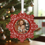 Snowflake Christmas Red Round Photo<br><div class="desc">Christmas Card Ornaments are finally here; create a keepsake with photo and text to mail to your loved ones; colour of the snowflake pattern and the background are editable</div>
