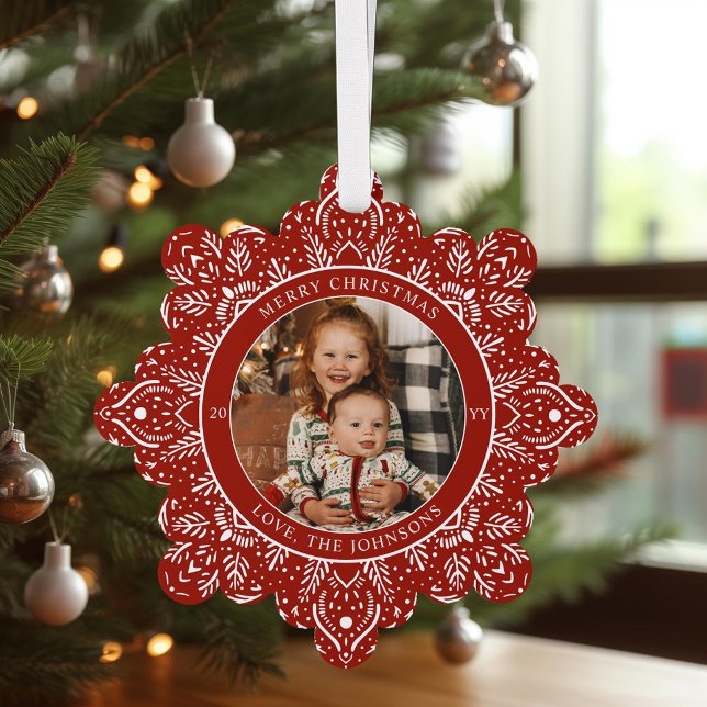 Snowflake Christmas Red Round Photo Tree Decoration Card (Creator Uploaded)