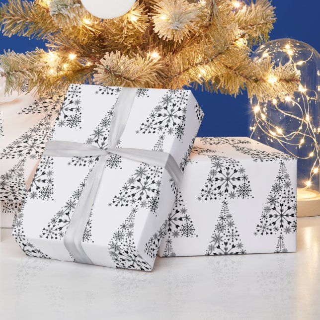 Snowflake Christmas Tree Black And White Gift Wrap (Holidays)