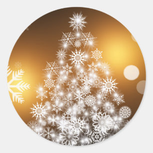 Snowflake Christmas Tree with Golden Background Classic Round Sticker