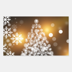 Snowflake Christmas Tree with Golden Background Rectangular Sticker