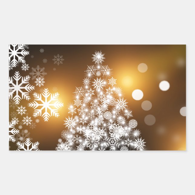 Snowflake Christmas Tree with Golden Background Rectangular Sticker (Front)