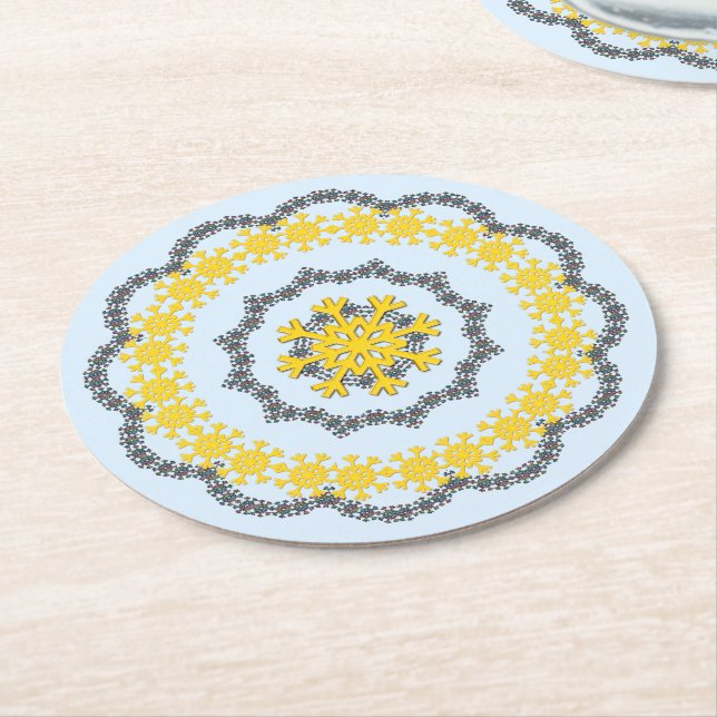 Snowflake Circle Holiday Lacey Gold  on Blue Round Paper Coaster (Angled)