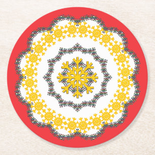 Snowflake Circle Holiday Lacey Gold on Red Round Paper Coaster