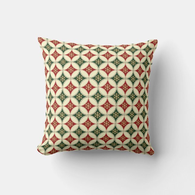 Snowflake Circles-3-Red-Cream-Green-Sq Pillow (Front)