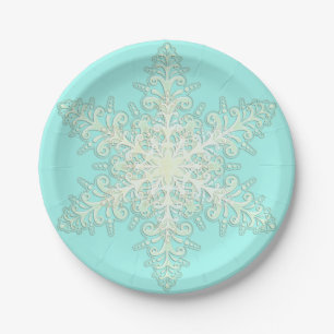 Snowflake cream lace winter white teal elegant paper plate