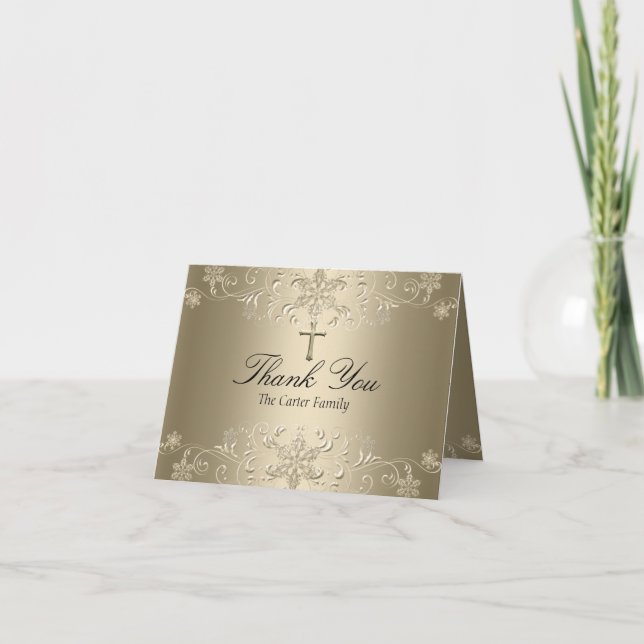 Snowflake & Cross Gold Baptism Thank You Card (Front)