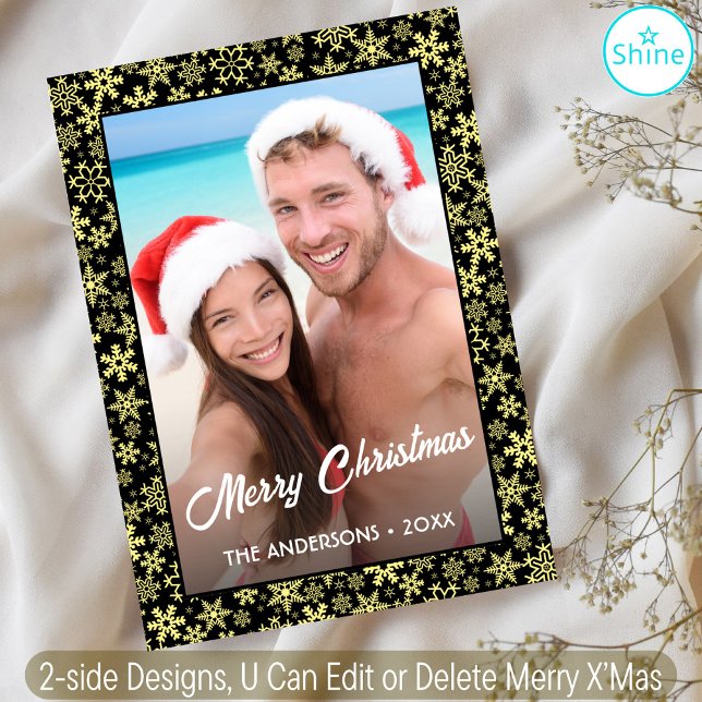 Snowflake Custom Photo Black & Gold 2 Side Design Holiday Card (Creator Uploaded)
