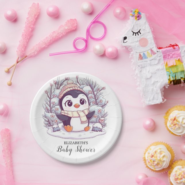 Snowflake Cute Penguin Baby Shower Paper Plate (Party)