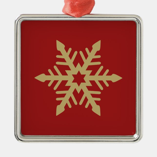 Snowflake Design Gold on Red Metal Tree Decoration (Front)