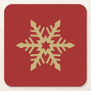Snowflake Design Gold on Red Square Paper Coaster