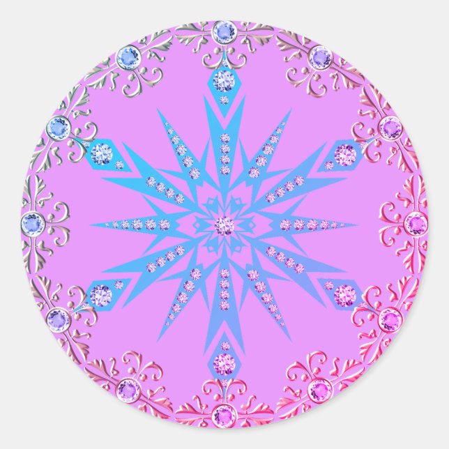 Snowflake Diamond retro purple blue mid century  Classic Round Sticker (Front)