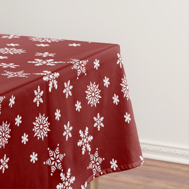 Snowflake Elegance: Red Festive Tablecloth  (In Situ)