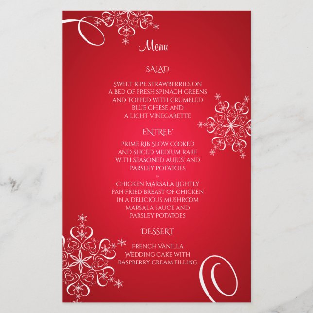 Snowflake Elegance Wedding Menu Red (Front)