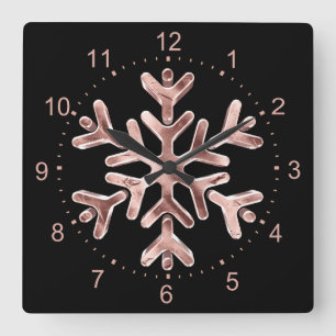 Snowflake Elegant Black and Rose Gold Christmas Square Wall Clock