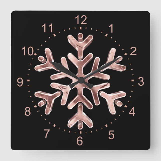 Snowflake Elegant Black and Rose Gold Christmas Square Wall Clock (Front)