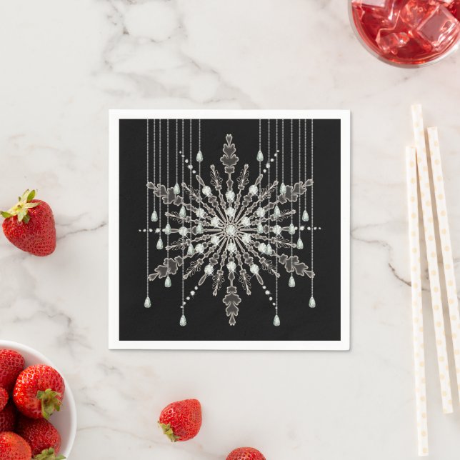 Snowflake elegant jewel look winter black grey napkin (Insitu)