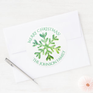 Snowflake Elegant Modern Green Christmas Classic Round Sticker