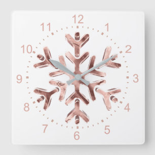Snowflake Elegant Rose Gold Christmas Square Wall Clock