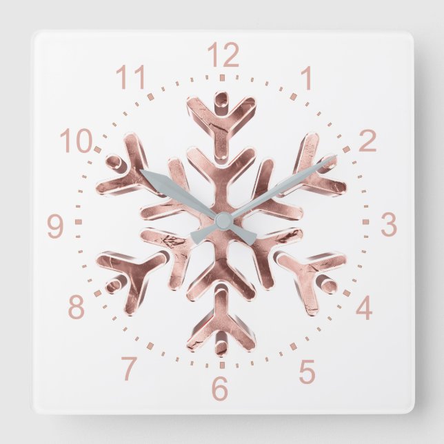 Snowflake Elegant Rose Gold Christmas Square Wall Clock (Front)