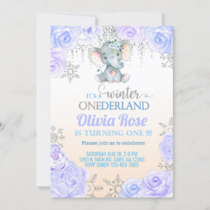 Snowflake elephant girl 1st birthday invite. invit invitation