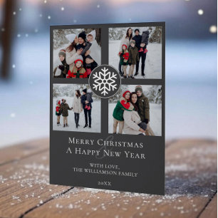 Snowflake Emblem Photo Collage   Charcoal Grey Holiday Card