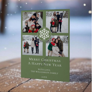Snowflake Emblem Photo Collage   Green Holiday Card