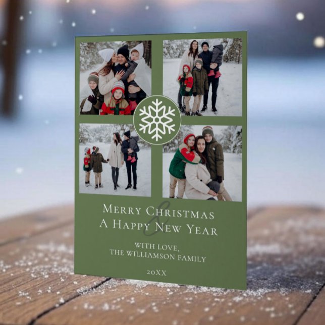 Snowflake Emblem Photo Collage | Green Holiday Card (Green Snowflake Emblem Photo Collage Holiday Photo Card)