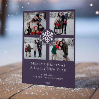 Snowflake Emblem Photo Collage | Purple Holiday Card