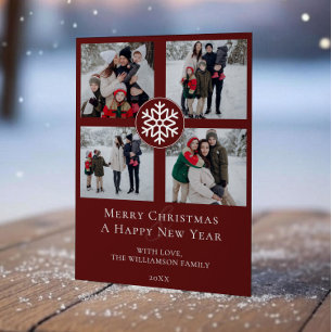 Snowflake Emblem Photo Collage   Red Holiday Card