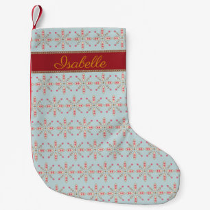 Snowflake floral hearts custom name baby blue red small christmas stocking