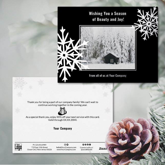 Snowflake Foil Accents Business Holiday Card (Snowflake Foil Accents Business Holiday Card, Black & White Silver, Custom Photo, Company Gift)