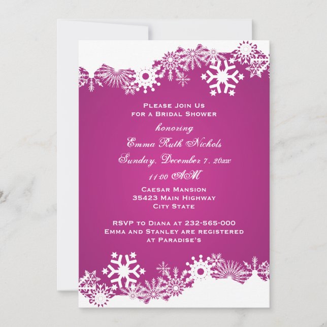 Snowflake fuchsia winter wedding bridal shower invitation (Front)