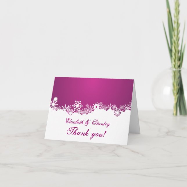 Snowflake fuchsia winter wedding Thank You Card (Front)