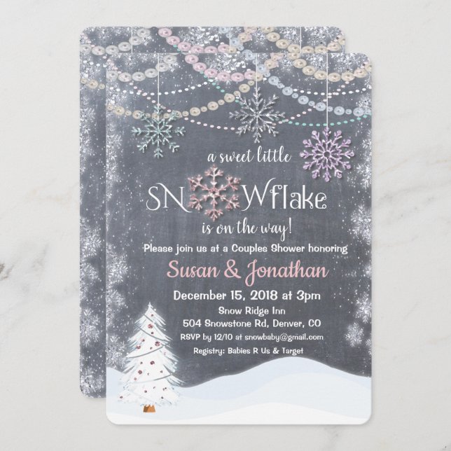 Snowflake Glitter Pearl Baby Shower Invitation (Front/Back)