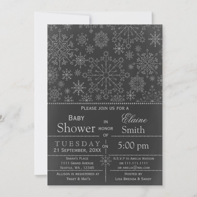 Snowflake glitter silver Winter Baby shower Invite (Front)