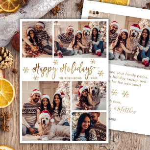 Snowflake Gold and White 5 Photo Collage Christmas Holiday Card