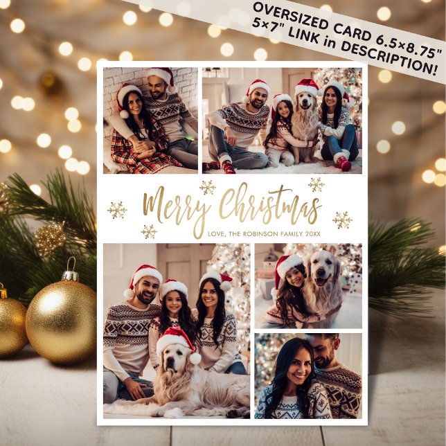 Snowflake Gold White 5 Photo Collage Christmas  Holiday Card (Creator Uploaded)