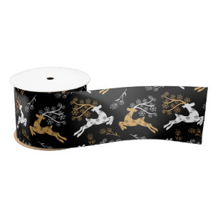Snowflake Gold White Reindeer Christmas Black Satin Ribbon