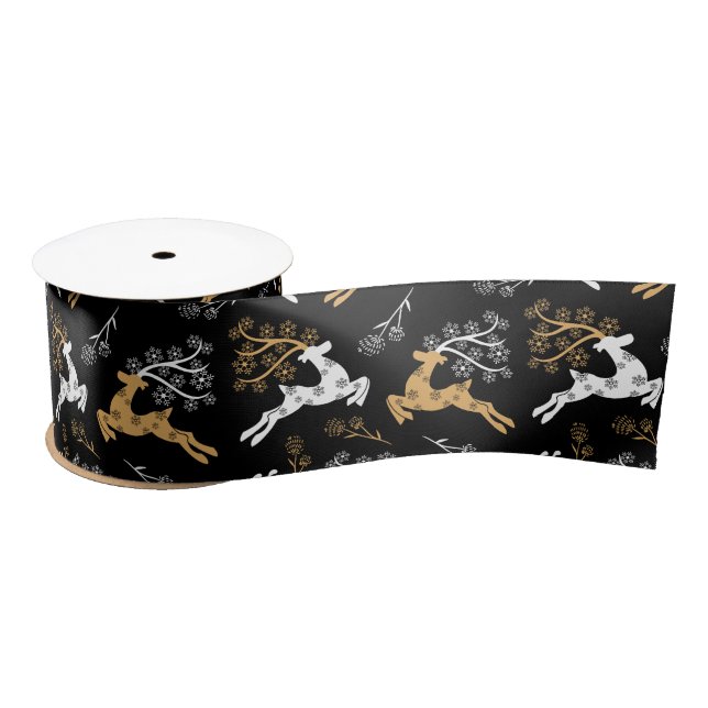Snowflake Gold White Reindeer Christmas Black Satin Ribbon (Spool)