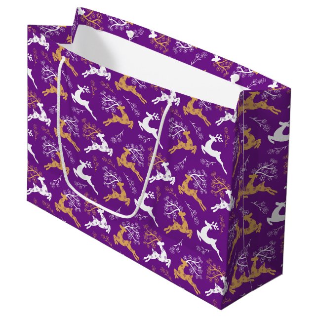 Snowflake Gold White Reindeer Christmas Purple Large Gift Bag (Front Angled)