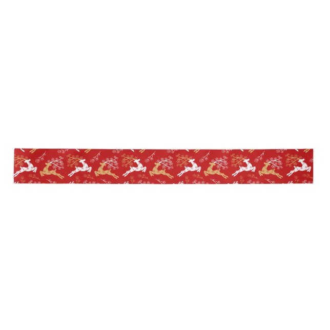 Snowflake Gold White Reindeer Christmas Red Satin Ribbon (Front)
