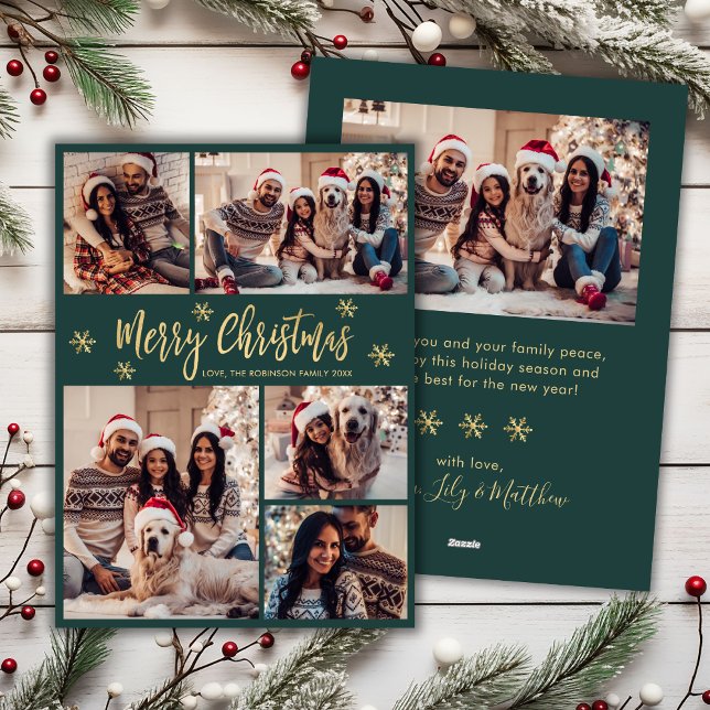 Snowflake Green and Gold 5 Photo Collage Christmas Holiday Card (Creator Uploaded)